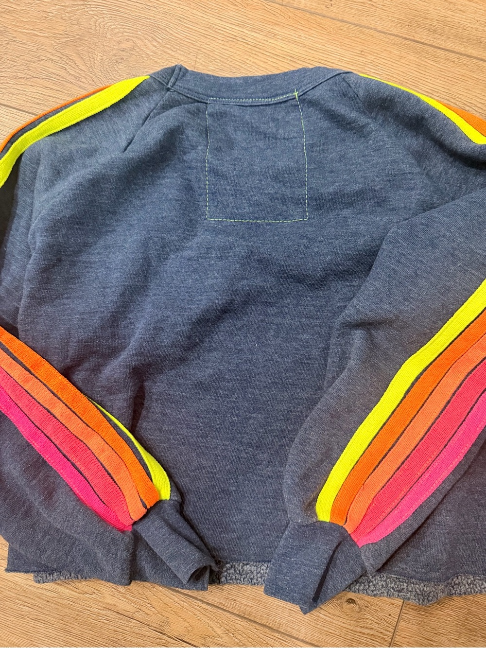 Aviator Nation Navy Cropped Sweatshirt with Pink & Rainbow Stripe Sleeves - Picture 3 of 5